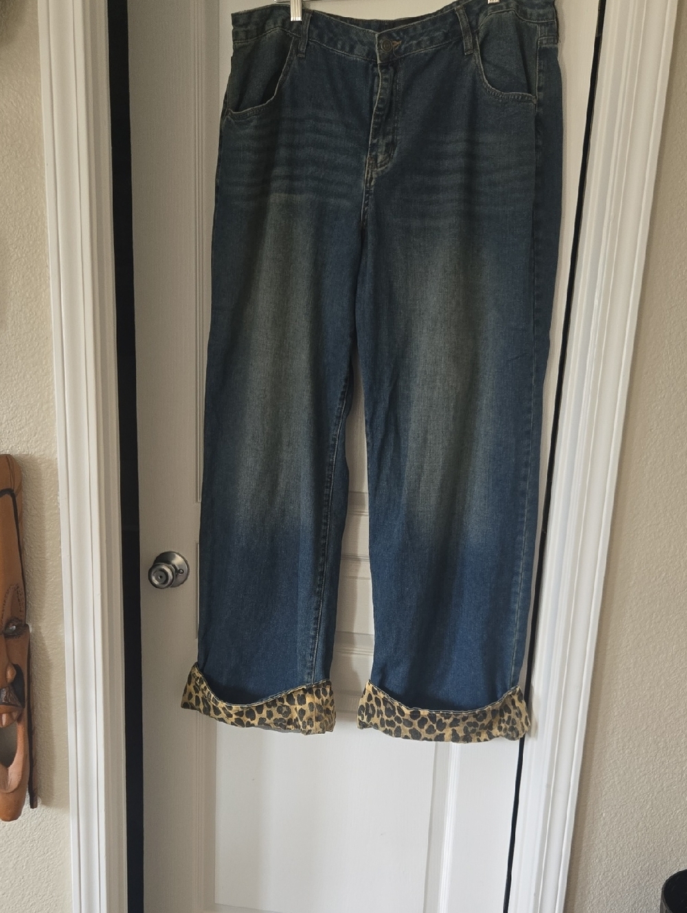 Fashion Nova Dark Blue Denim Wide-Leg Jeans w/ leopard cuffs